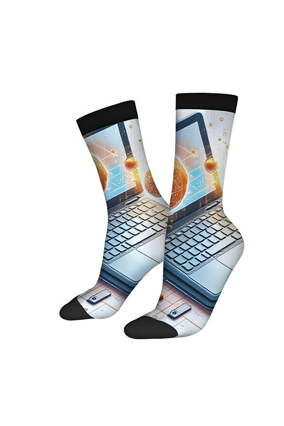 Four Seasons Universal Socks (2 Pairs) - Unisex Trendy Mixed Color Socks with Vibrant Tech Design Featuring Laptop Smartphone and Brain - Computer