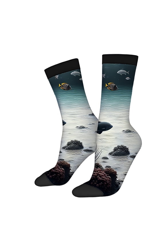 Four Seasons Universal Socks (2 Pairs) - Unisex Trendy Mixed Color Socks with Vibrant Underwater Coral Reef Design and Colorful Fish Pattern