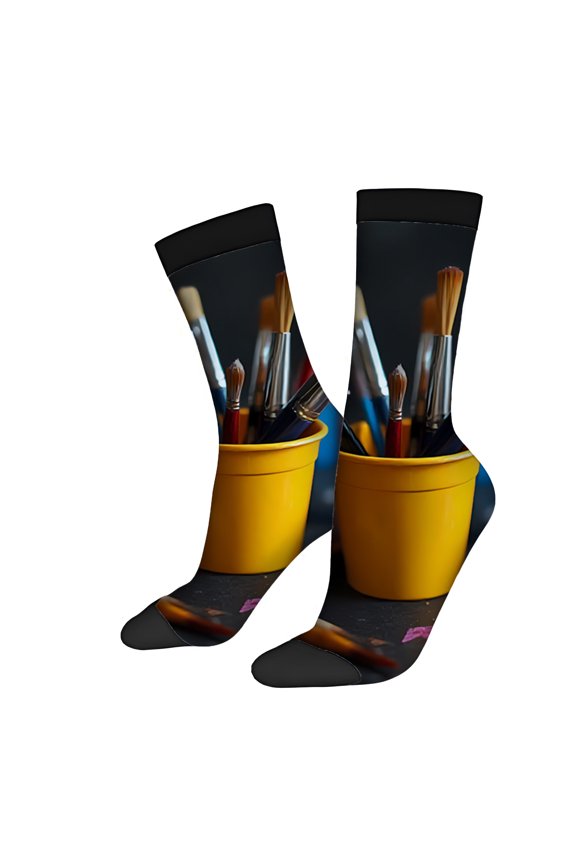 Four Seasons Universal Socks (2 Pairs) - Unisex Trendy Mixed Color Socks with Vibrant Yellow Cup and Paintbrush Design Perfect for Art Lovers