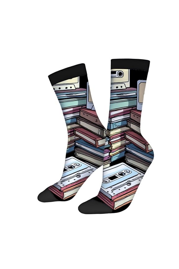 Four Seasons Universal Socks (2 Pairs) - Unisex Trendy Mixed Color Socks with Vintage Book and Cassette Tape Design Perfect for Music Lovers