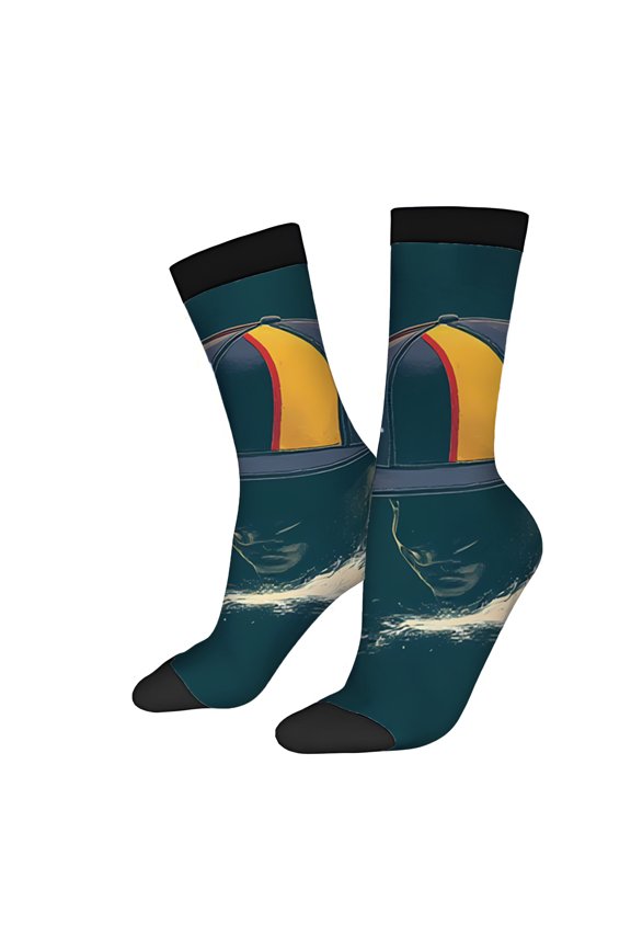 Four Seasons Universal Socks (2 Pairs) - Unisex Trendy Mixed Color Socks with Whale Tail Design on Dark Teal Background Black Toe Cuffs