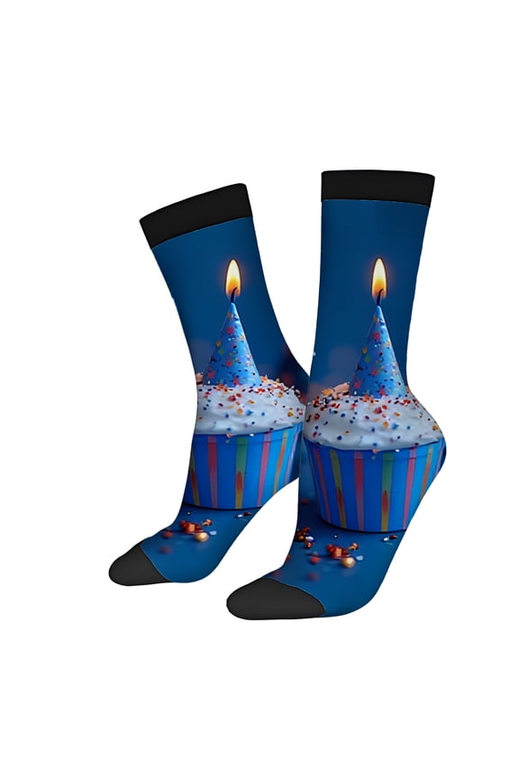 Four Seasons Universal Socks (2 Pairs) - Unisex Trendy Mixed Color Socks with Whimsical Cupcake Design and Vibrant Blue Background