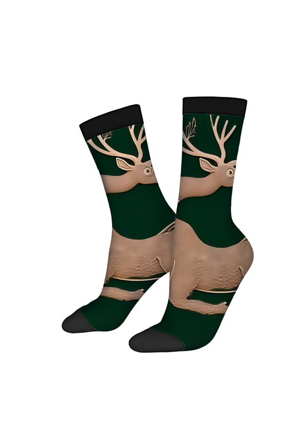 Four Seasons Universal Socks (2 Pairs) - Unisex Trendy Socks with Brown Deer Design on Dark Green Background Perfect for All Seasons Mixed Color Socks with Black Toe