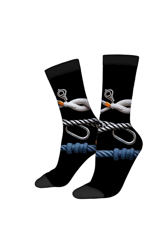 Four Seasons Universal Socks (2 Pairs) - Unisex Trendy Socks with Climbing Knots & Carabiners Design Black Body with White & Blue Ropes Perfect for Outdoor Enthusiasts