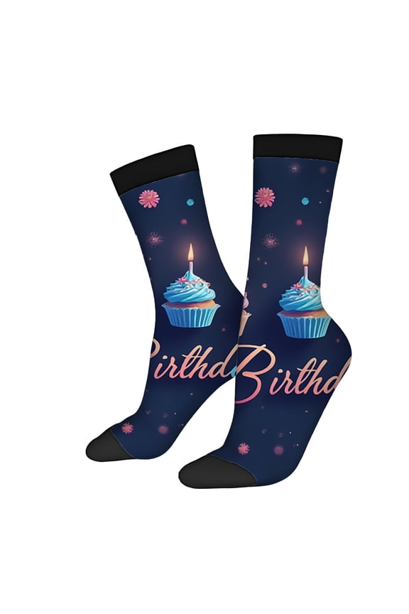 Four Seasons Universal Socks (2 Pairs) - Unisex Trendy Socks with Colorful Cupcake Design Birthday Theme Pink Frosting & Sprinkles Fun Floral & Star Accents
