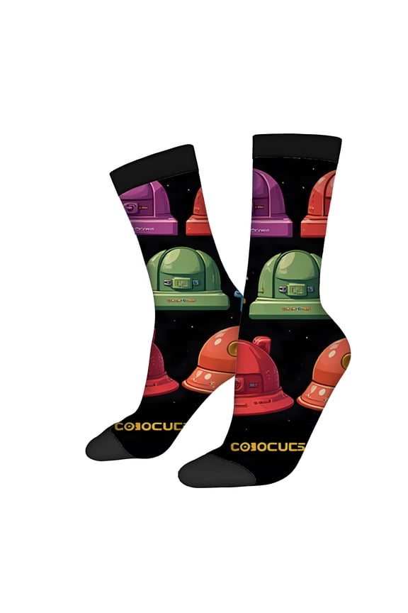 Four Seasons Universal Socks (2 Pairs) - Unisex Trendy Socks with Colorful Retro Robot Design Black Base with Vibrant Red Yellow & Purple Robots Perfect for All Seasons