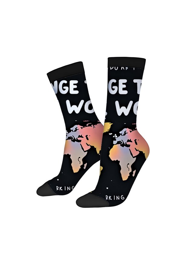 Four Seasons Universal Socks (2 Pairs) - Unisex Trendy Socks with Colorful World Map Design Black Background and ' ANOTHER HE ' Text - Perfect for All Occasions