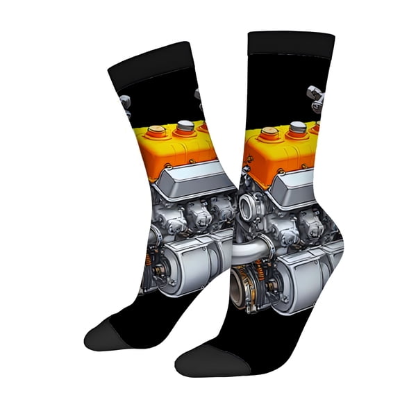 Four Seasons Universal Socks (2 Pairs) - Unisex Trendy Socks with Detailed Car Engine Illustration on Black Background Mixed Color Design Perfect for Automotive Enthusiasts