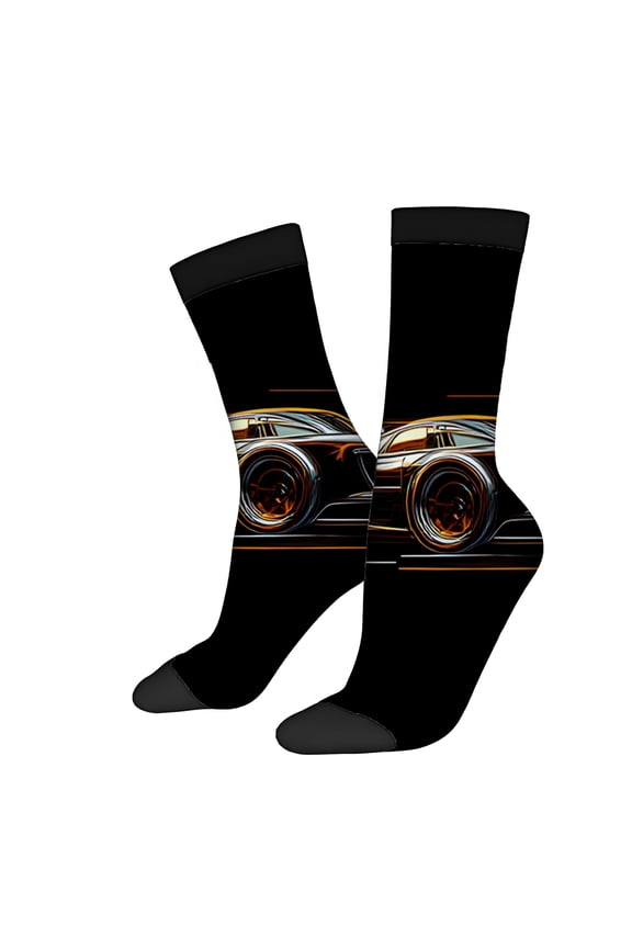 Four Seasons Universal Socks (2 Pairs) - Unisex Trendy Socks with Dynamic Racing Car Design in Black Orange & White - Perfect for All Seasons Stylish Mixed Color Pattern