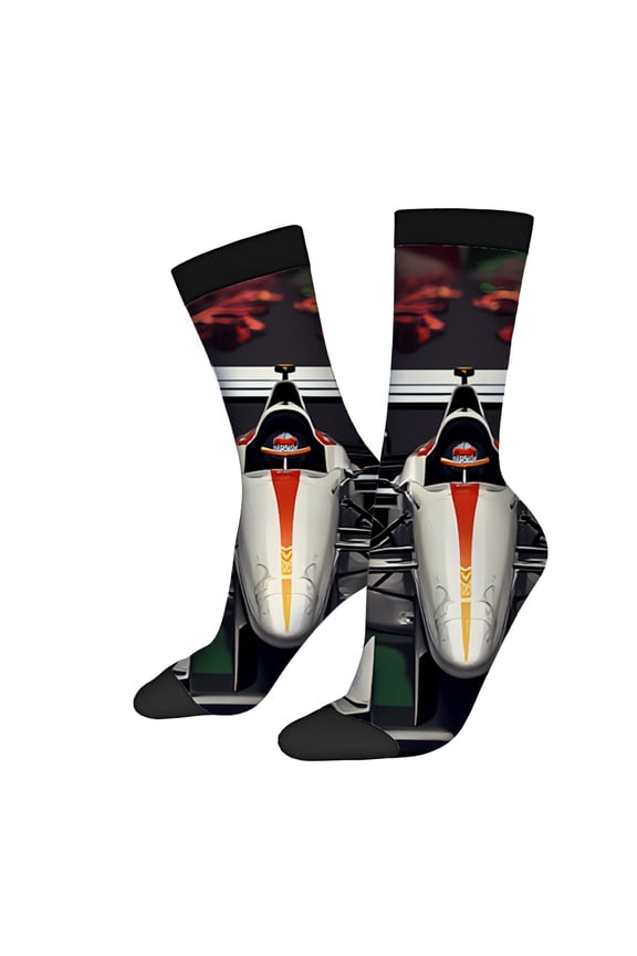 Four Seasons Universal Socks (2 Pairs) - Unisex Trendy Socks with Dynamic Racing Car Design Black with White & Green Accents Sporty Pattern for All Seasons