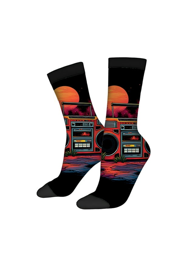 Four Seasons Universal Socks (2 Pairs) - Unisex Trendy Socks with Futuristic Cityscape & Red Boombox Design Vibrant Mixed Colors Perfect for Any Season