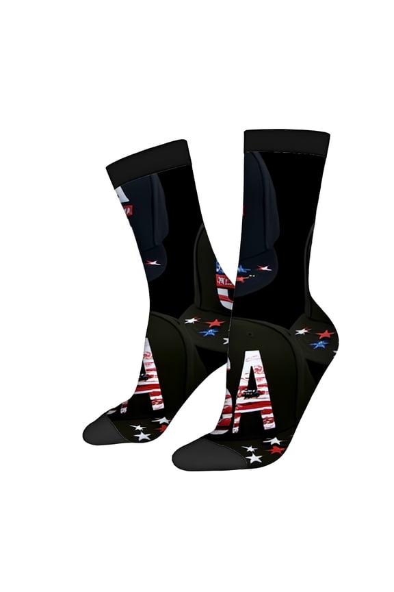 Four Seasons Universal Socks (2 Pairs) - Unisex Trendy Socks with Patriotic USA Design Bold White Letters Red White & Blue Stars American Flag Pattern Mixed Color Style