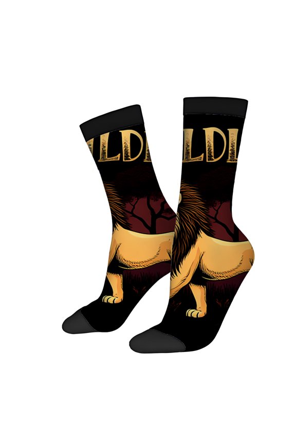 Four Seasons Universal Socks (2 Pairs) - Unisex Trendy Socks with Roaring Lion Design Black Background Gold & Red Accents ' WILD ' Text Mixed Color Style