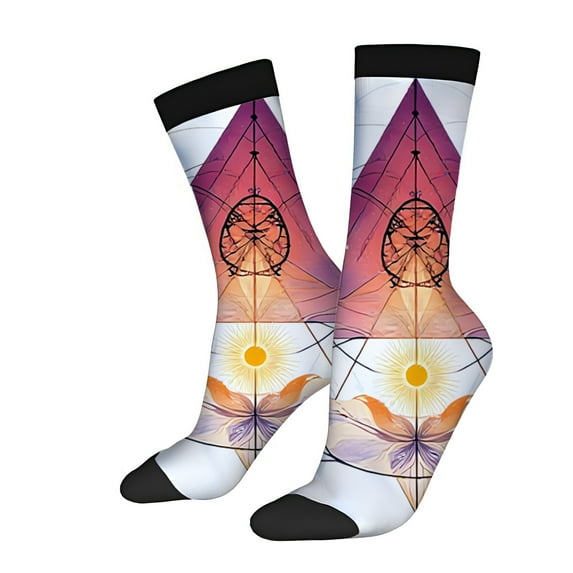 Four Seasons Universal Socks (2 Pairs) - Unisex Trendy Socks with Striking Geometric Design Purple & Orange Triangles Butterfly Accent Casual Fashion Statement