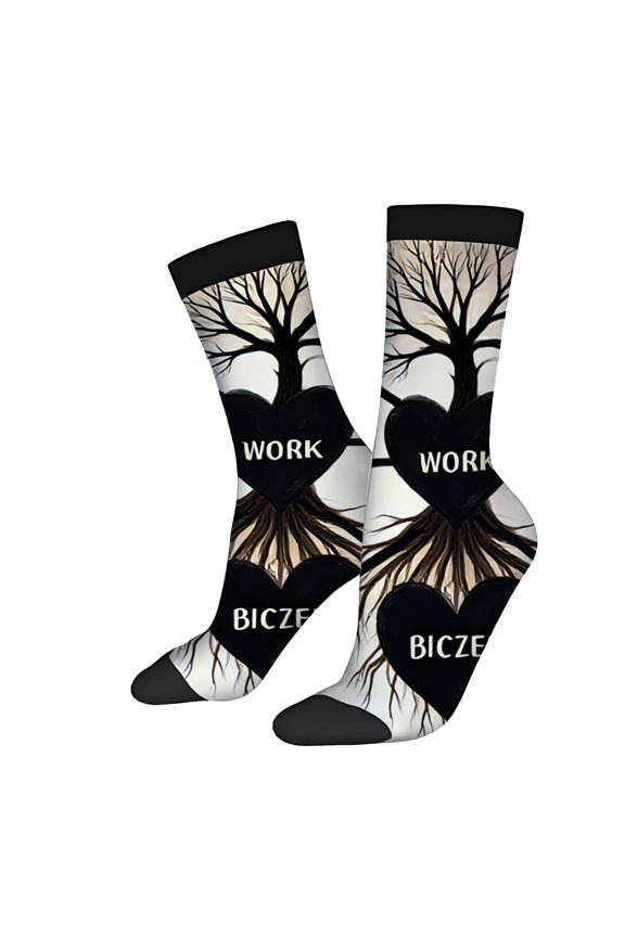 Four Seasons Universal Socks (2 Pairs) - Unisex Trendy Socks with Unique Black and White Tree Branch Pattern Circular Shapes and ' BIZEN ' Print Perfect for All Seasons