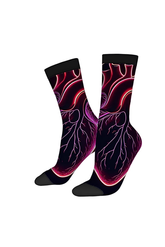 Four Seasons Universal Socks (2 Pairs) - Unisex Trendy Socks with Vibrant Black Design Featuring Anatomical Heart Patterns in Pink and Red - Perfect for Casual and Sporty Wear
