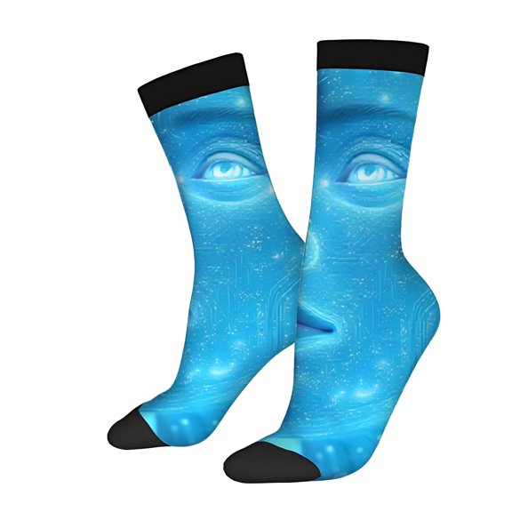 Four Seasons Universal Socks (2 Pairs) - Unisex Trendy Socks with Vibrant Blue Abstract Face Design Swirling Lines & Dots Mixed Color Fashionable Footwear