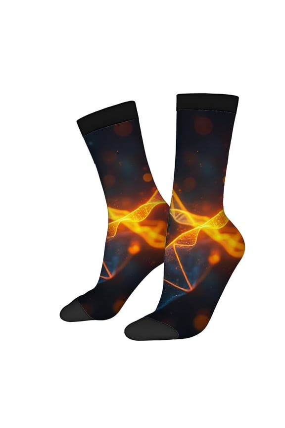 Four Seasons Universal Socks (2 Pairs) - Unisex Trendy Socks with Vibrant Glowing DNA Pattern in Orange & Blue Abstract Design on Dark Background Perfect for All Seasons