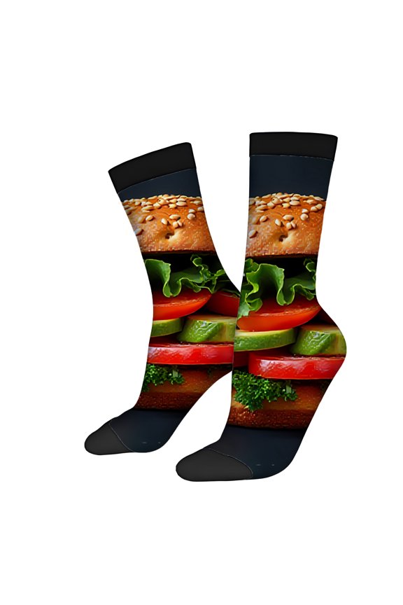 Four Seasons Universal Socks (2 Pairs) - Unisex Trendy Socks with Vibrant Hamburger Design Colorful Lettuce Tomato & Cheese Pattern Perfect for All Seasons