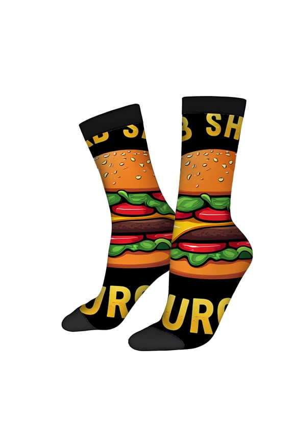 Four Seasons Universal Socks (2 Pairs) - Unisex Trendy Socks with Vibrant Hamburger Graphic & Bold " BURGERS " Design - Mixed Color Fun Socks for All Occasions