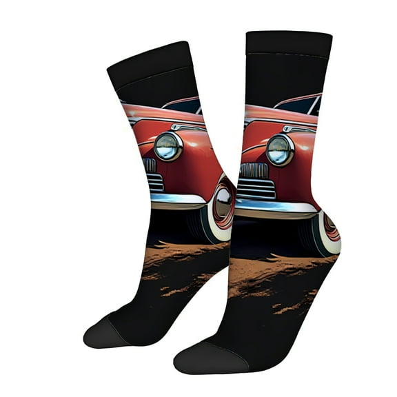 Four Seasons Universal Socks (2 Pairs) - Unisex Trendy Socks with Vintage Red Car Design Mixed Color Pattern Ribbed Cuffs Perfect for Classic Car Enthusiasts