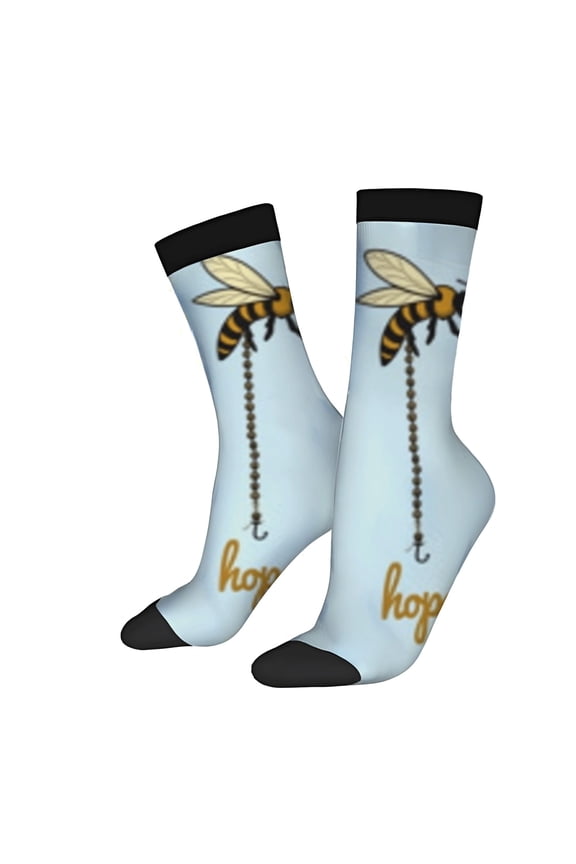 Four Seasons Universal Socks - 2 Pairs Unisex Trendy Socks with Bee & Beehive Design Light Blue Background Cursive ' Hope '
