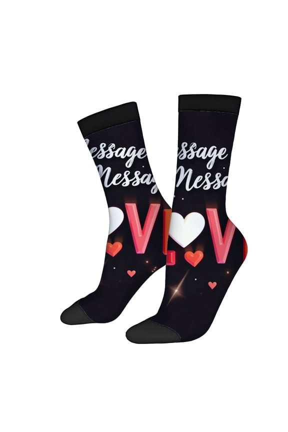 Four Seasons Universal Socks - 2 Pairs Unisex Trendy Socks with Black Background ' Message ' in Cursive Red ' V ' & Hearts Design