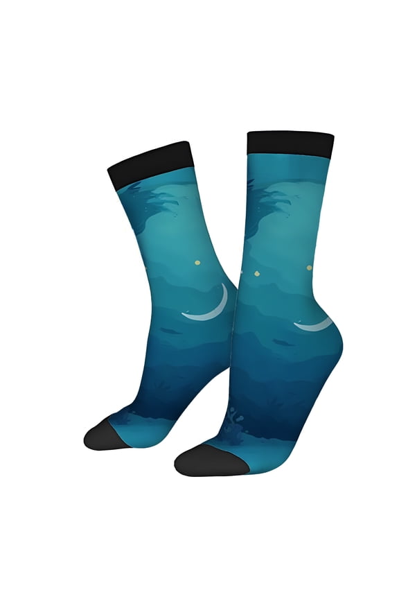 Four Seasons Universal Socks (2 Pairs) - Unisex Trendy Socks with Blue and Green Gradient Wave Pattern Black Cuff and Toe Fun Bubble Design