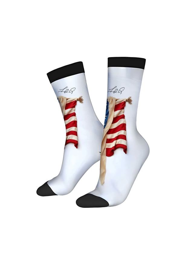 Four Seasons Universal Socks (2 Pairs) - Unisex Trendy Socks with Bold American Flag Design White with Black Toe Caps Stylish & Fun