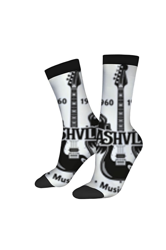 Four Seasons Universal Socks - 2 Pairs Unisex Trendy Socks with Bold Guitar Graphic & ' SHVLASH ' Design Black & White Pattern