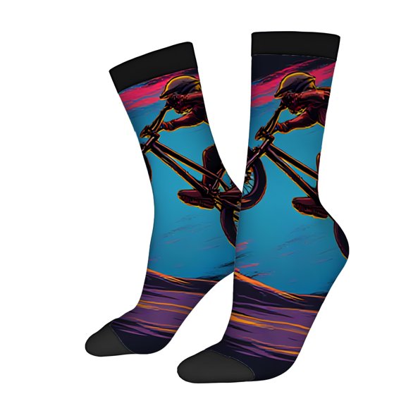Four Seasons Universal Socks (2 Pairs) - Unisex Trendy Socks with Bold Motorcycle Design & Vibrant Blue - Orange Streaks for Speedy Adventure