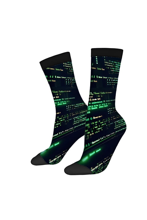 Four Seasons Universal Socks (2 Pairs) - Unisex Trendy Socks with Bright Green & Yellow Computer Code Design on Dark Background