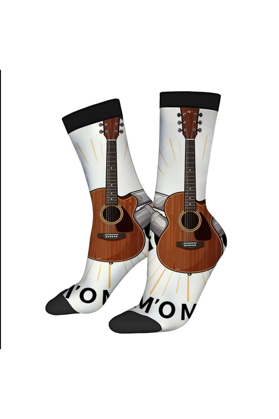Four Seasons Universal Socks - 2 Pairs Unisex Trendy Socks with Brown Acoustic Guitar & Drum Set Design White Base with Black & Orange Accents