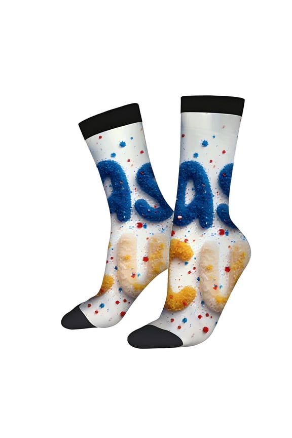 Four Seasons Universal Socks (2 Pairs) - Unisex Trendy Socks with Colorful Blue & Yellow Shapes Red & Blue Dots Black Toe Caps