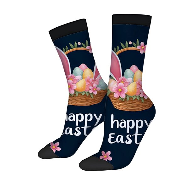 Four Seasons Universal Socks (2 Pairs) - Unisex Trendy Socks with Colorful Easter Egg and Flower Design on Dark Blue Background