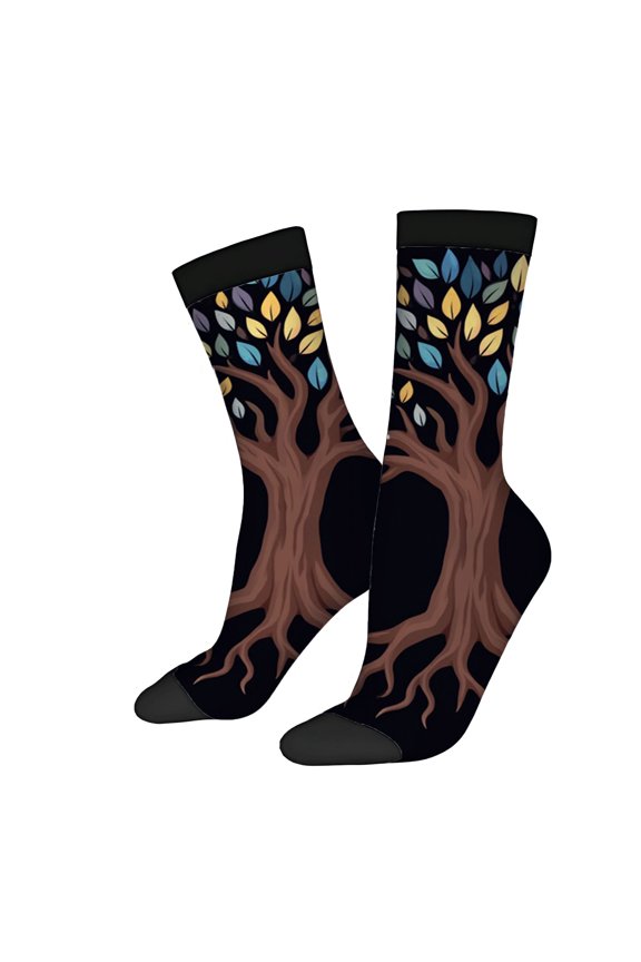 Four Seasons Universal Socks - 2 Pairs Unisex Trendy Socks with Colorful Tree Design Black Base Perfect for All Seasons