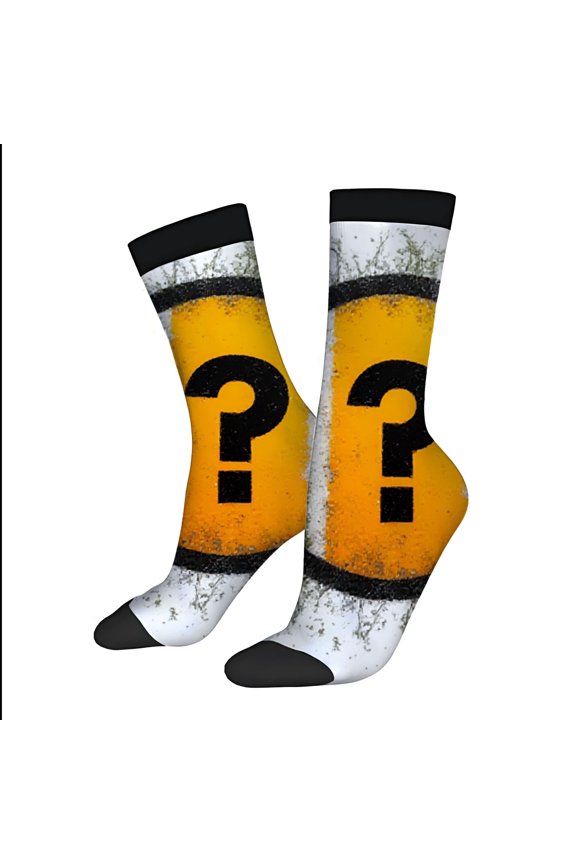 Four Seasons Universal Socks - 2 Pairs Unisex Trendy Socks with Distressed White Base Black Toe Caps & Yellow Question Mark Design