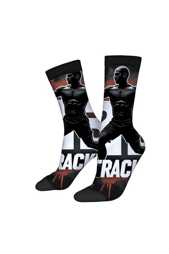 Four Seasons Universal Socks - 2 Pairs Unisex Trendy Socks with Dynamic Black & White Athletic Silhouette Bold ' TRACK ' Design & Red Splash