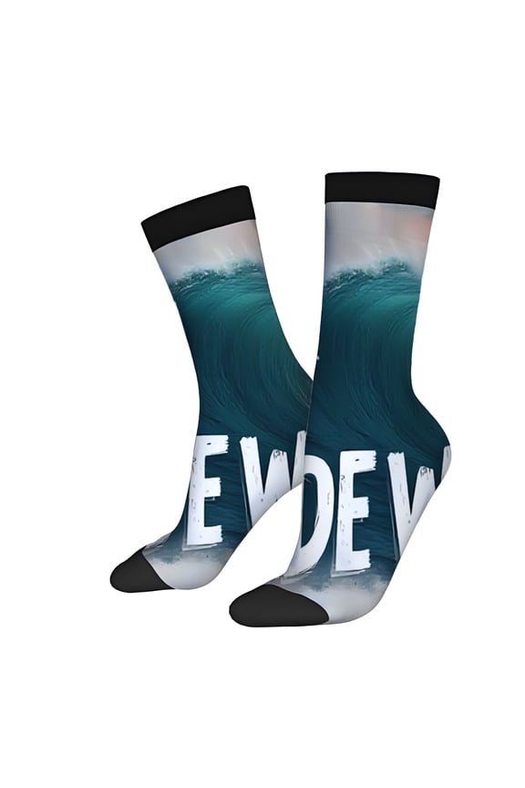Four Seasons Universal Socks (2 Pairs) - Unisex Trendy Socks with Dynamic Wave Design in Blue & White Bold ' ' Print Mixed Color Cuffs & Soles