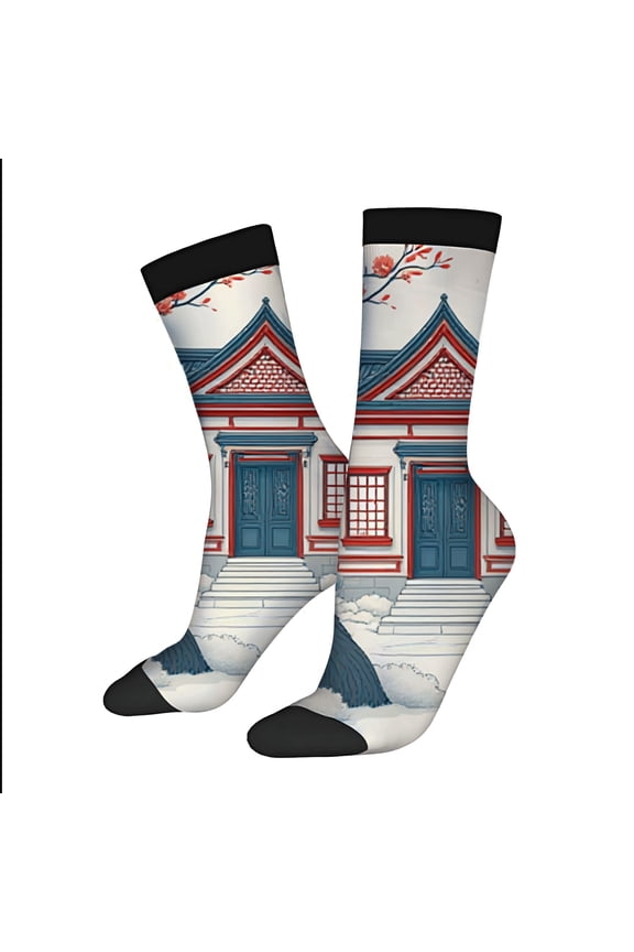 Four Seasons Universal Socks - 2 Pairs Unisex Trendy Socks with East Asian Architectural Design Cherry Blossoms & Waves