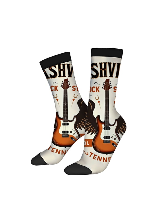 Four Seasons Universal Socks - 2 Pairs Unisex Trendy Socks with Electric Guitar & ' ASHVILLE ' Design Casual Mixed Color Style
