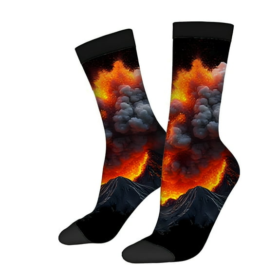 Four Seasons Universal Socks (2 Pairs) - Unisex Trendy Socks with Fiery Mountain Landscape Design in Vivid Orange Red and Yellow