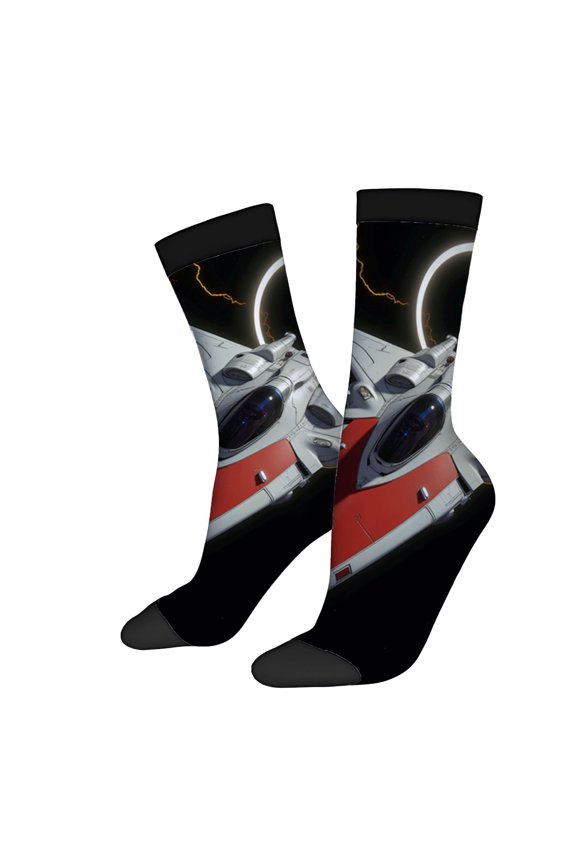 Four Seasons Universal Socks - 2 Pairs Unisex Trendy Socks with Futuristic Spacecraft Design Black Base Colorful Cosmic Patterns