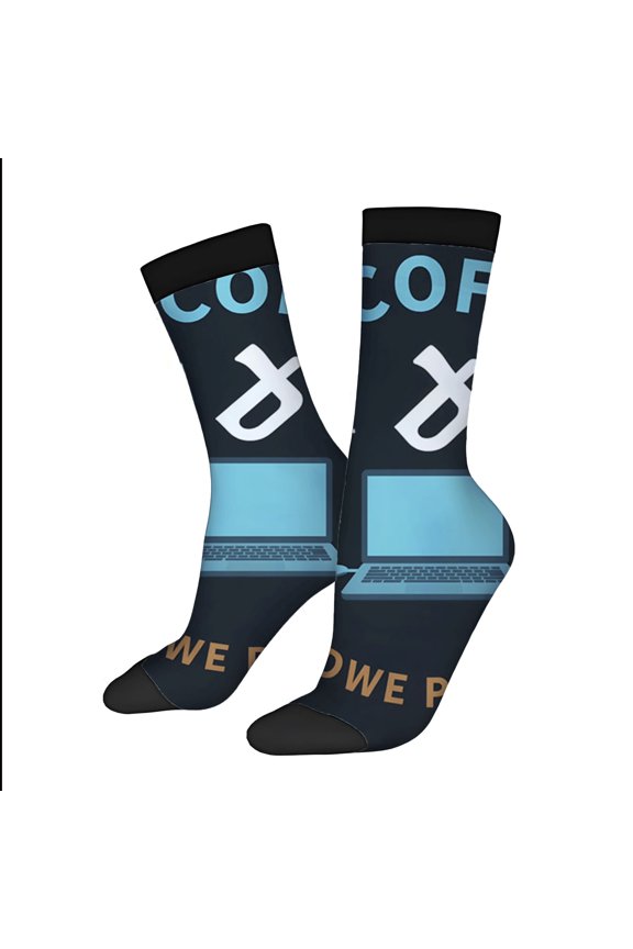 Four Seasons Universal Socks - 2 Pairs Unisex Trendy Socks with Laptop & ' COF ' Design on Dark Blue Background Mixed Colors