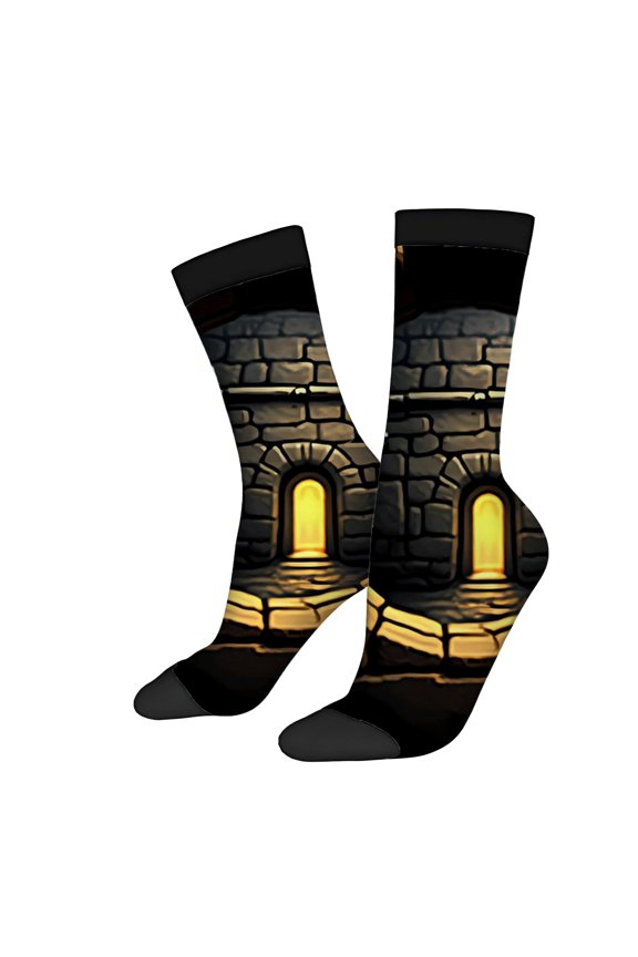 Four Seasons Universal Socks - 2 Pairs Unisex Trendy Socks with Medieval Stone Wall Design & Illuminated Arched Doorways