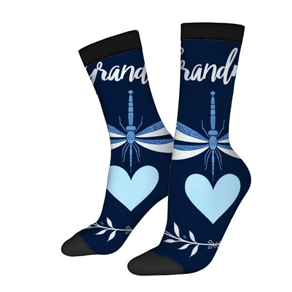 Four Seasons Universal Socks - 2 Pairs Unisex Trendy Socks with Navy Blue Background Dragonfly & Heart Design ' Grandma ' Cursive