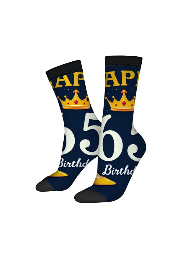 Four Seasons Universal Socks - 2 Pairs Unisex Trendy Socks with Navy Blue Background Golden Crown & ' 56 ' Design Happy Yellow Text