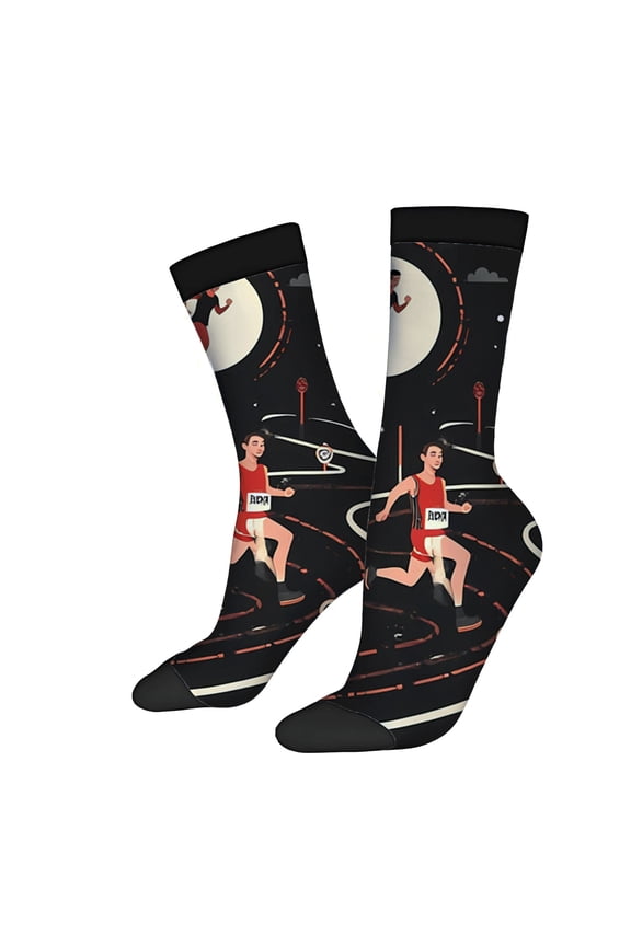 Four Seasons Universal Socks - 2 Pairs Unisex Trendy Socks with Nighttime Runner Design Moon & Track Pattern Mixed Colors