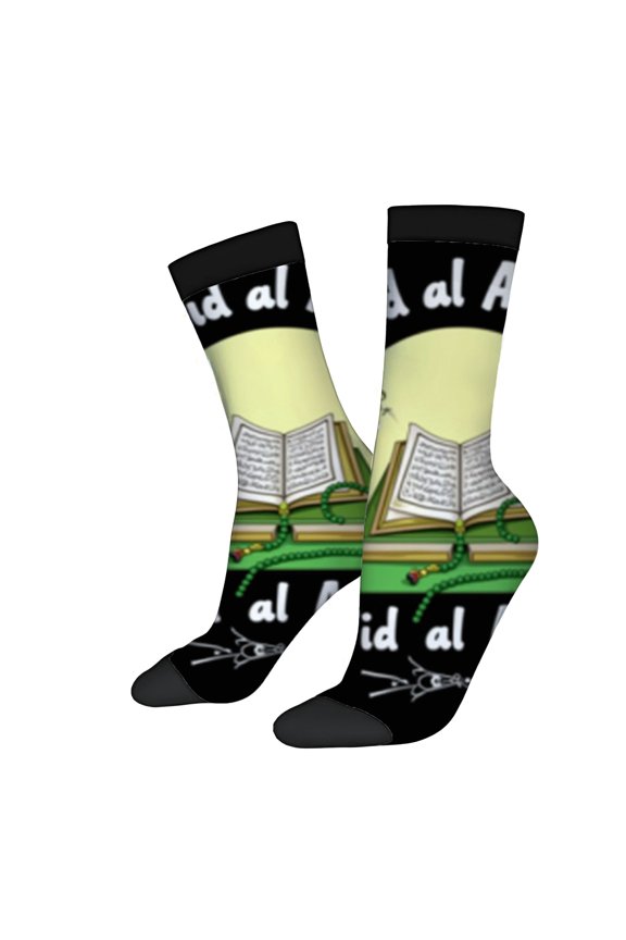 Four Seasons Universal Socks - 2 Pairs Unisex Trendy Socks with Open Book Green Chain and Spider Web Design on Black Background
