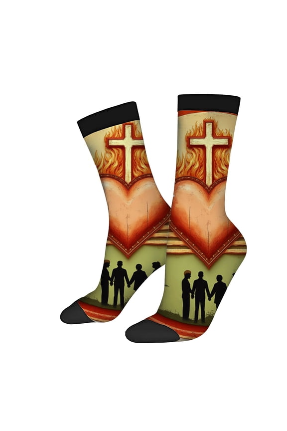 Four Seasons Universal Socks - 2 Pairs Unisex Trendy Socks with Ornate Heart & Flames Design Spiritual & Warm Colors